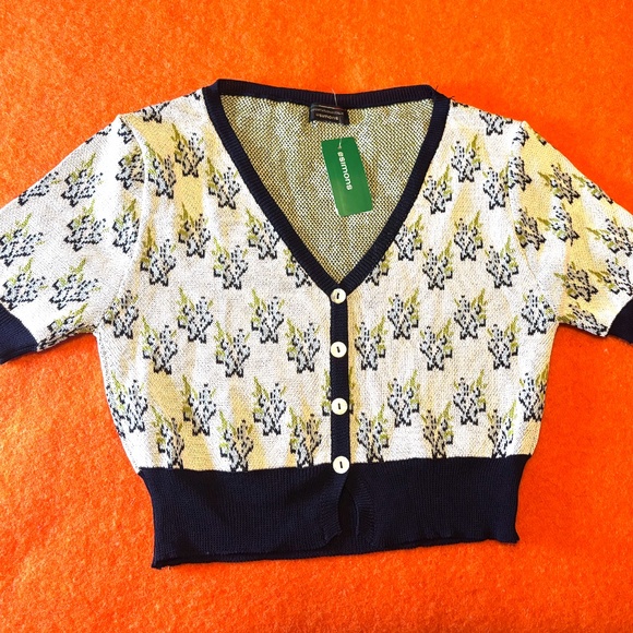 Off white and blue flowers jacquard short sleeves cardigan made in Italy NWT - Picture 3 of 8